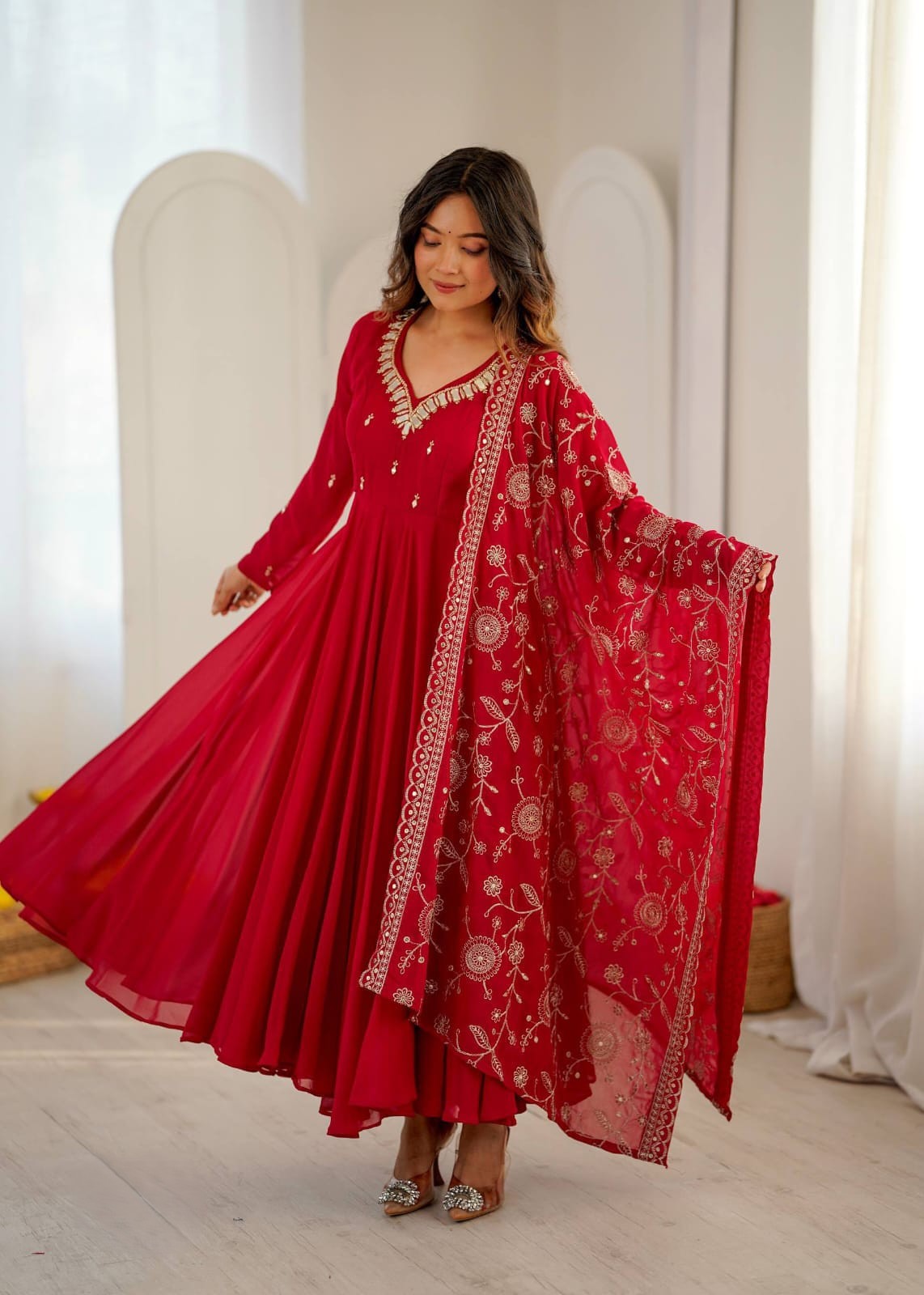 Heavy Faux Georgette Khatli Work With Real Mirror Anarkali Set